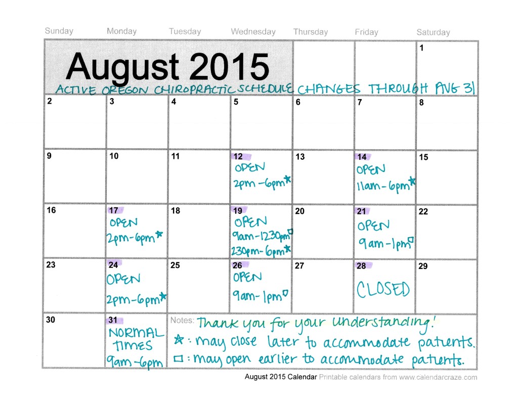 Active Oregon Chiropractic Schedule Changes August 2015